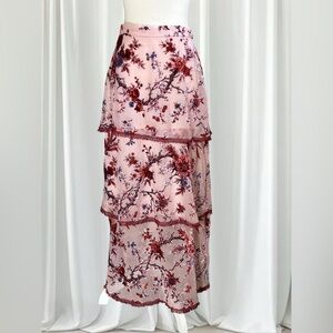 Willow & Clay Pink Floral Tiered Chiffon Midi Skirt | Size Small | Lace Trim